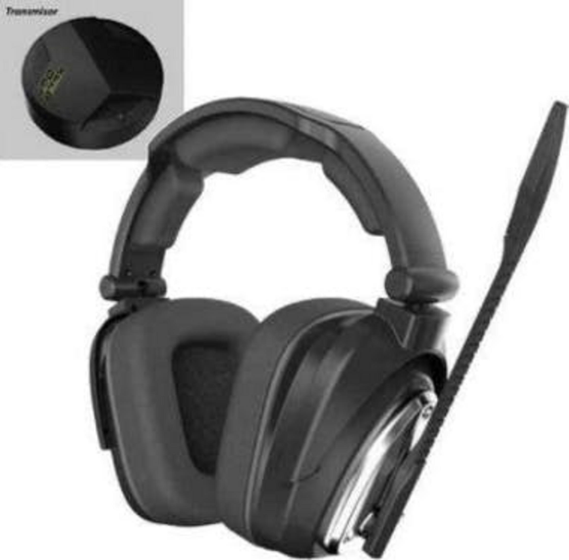 Cuffie nere over-ear con microfono e un piccolo trasmettitore nero.