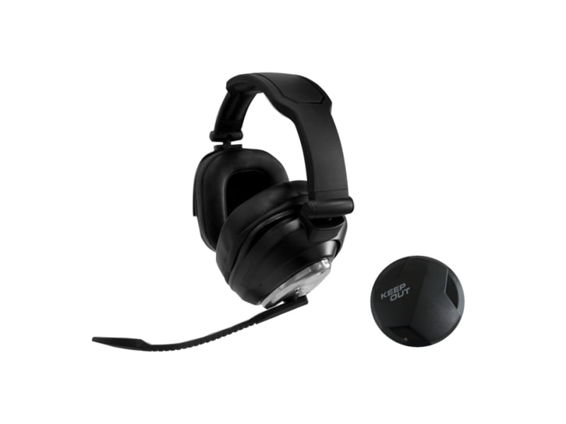 Cuffie nere con microfono e scatola nera rotonda con testo KEEP OUT.