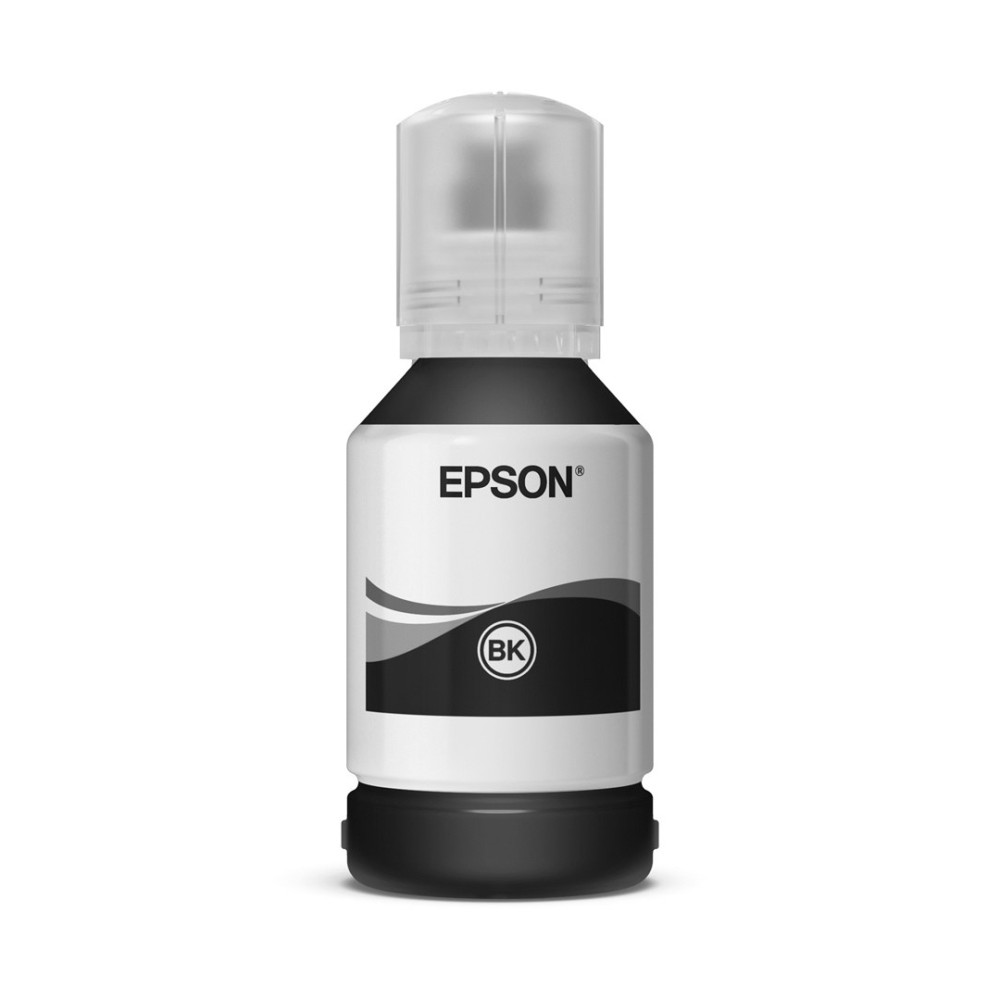Czarny tusz do drukarki EPSON w białej butelce z czarną nakrętką.