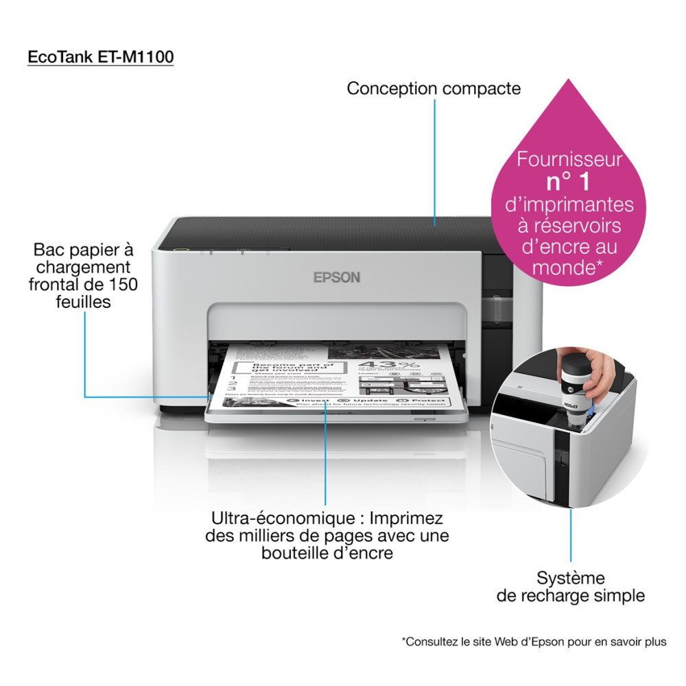 Drukarka Epson EcoTank ET-M1100 z podajnikiem papieru i systemem dopełniania.