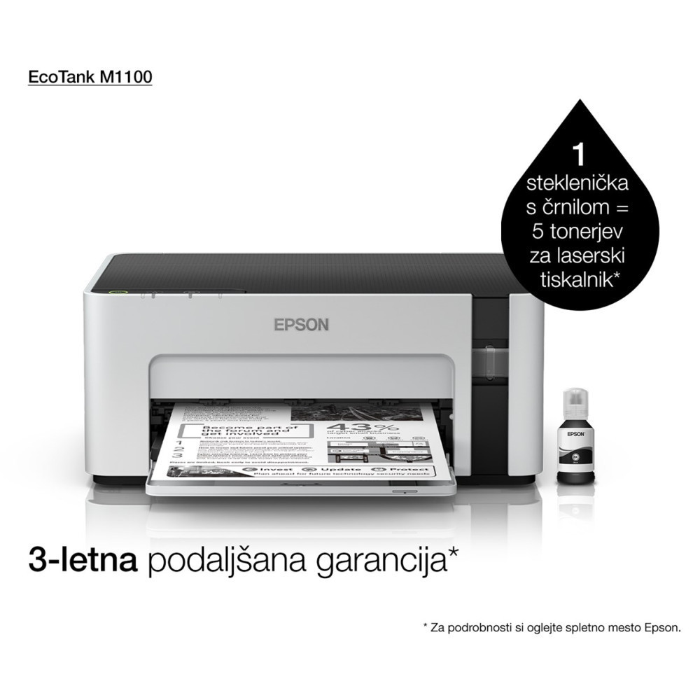Biała drukarka Epson EcoTank M1100 z papierem, butelką z tuszem i gwarancją.