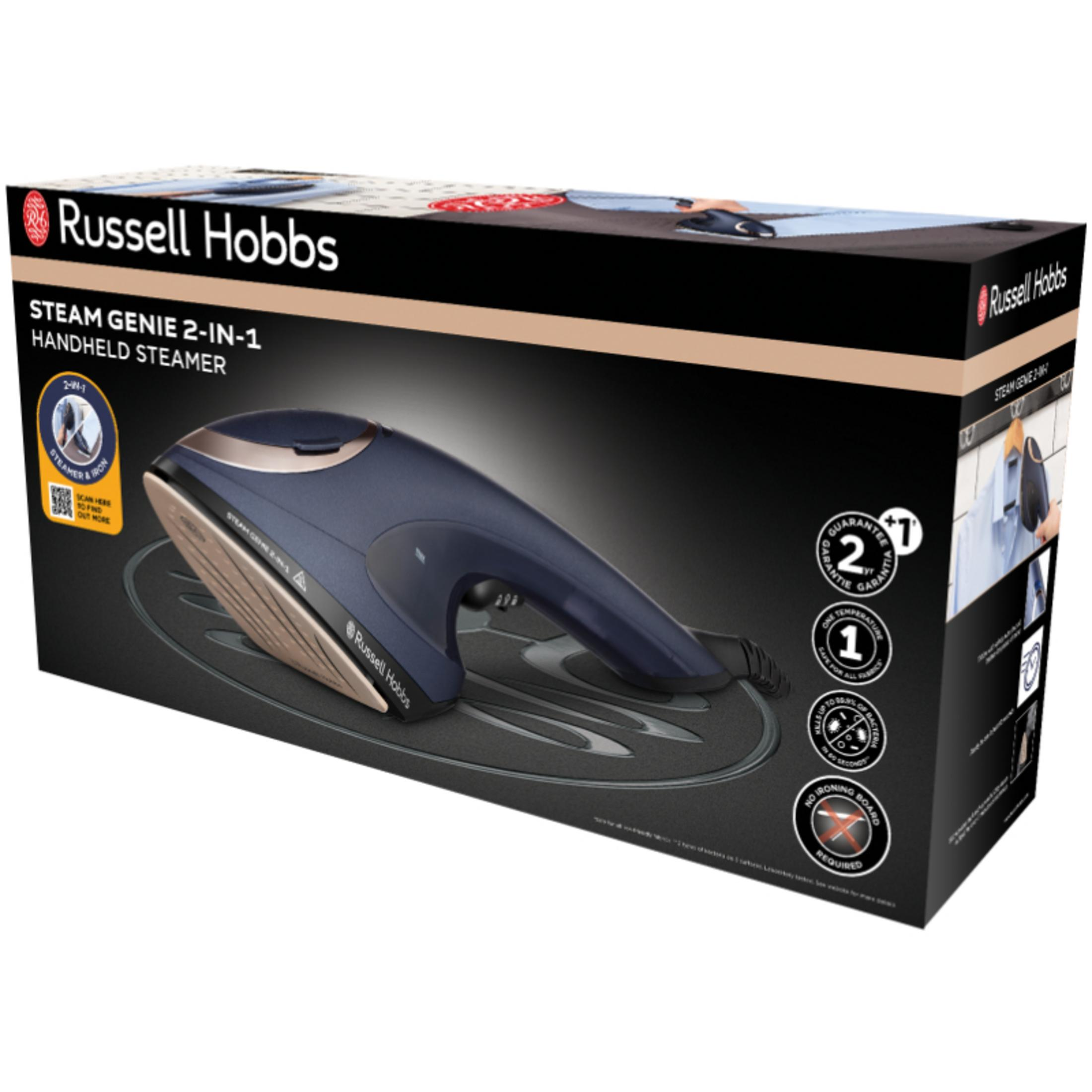 Verpackung eines blauen und goldenen Handdampfglätters von Russell Hobbs.