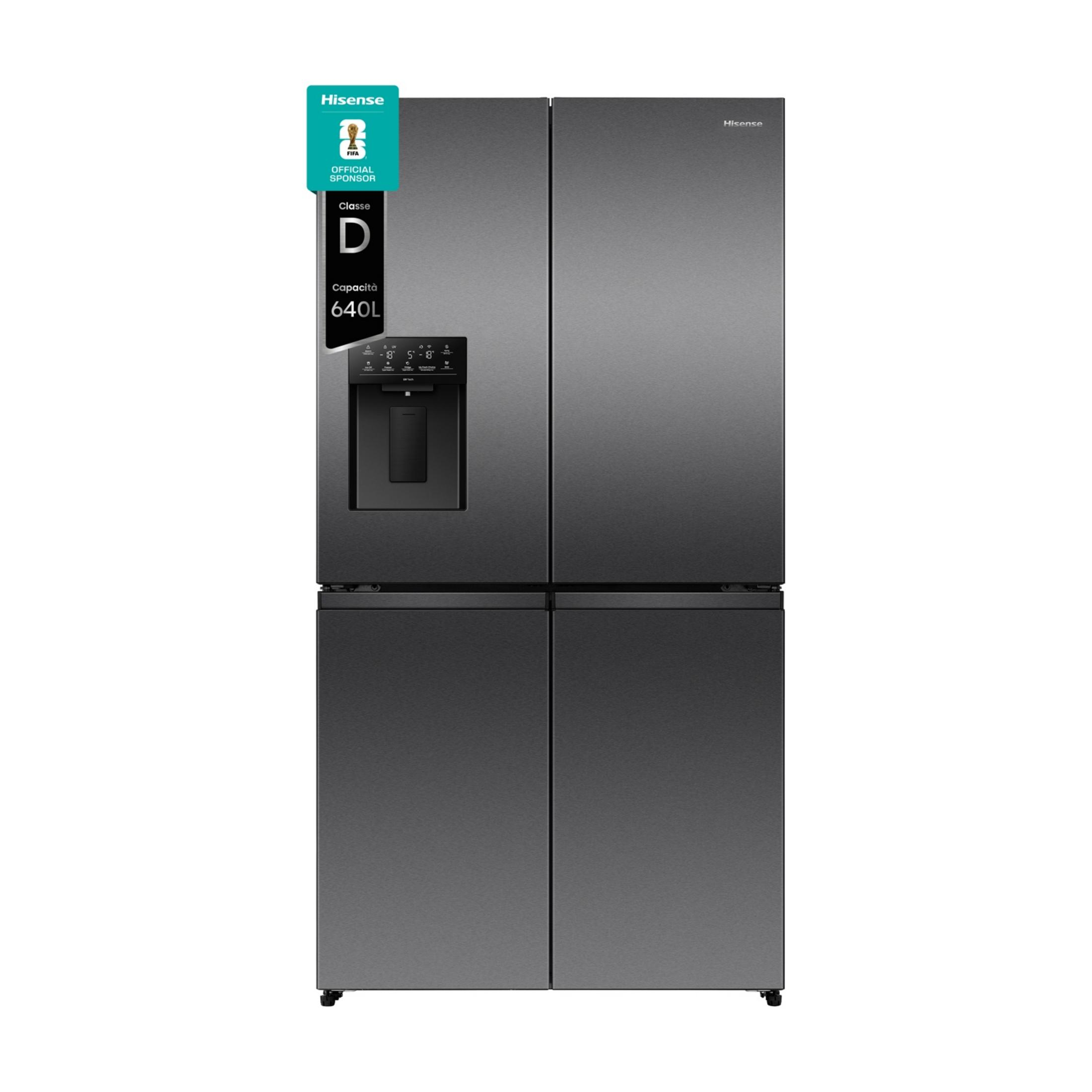 Ein dunkelgrauer Hisense Kühlschrank mit vier Türen und Wasserspender.