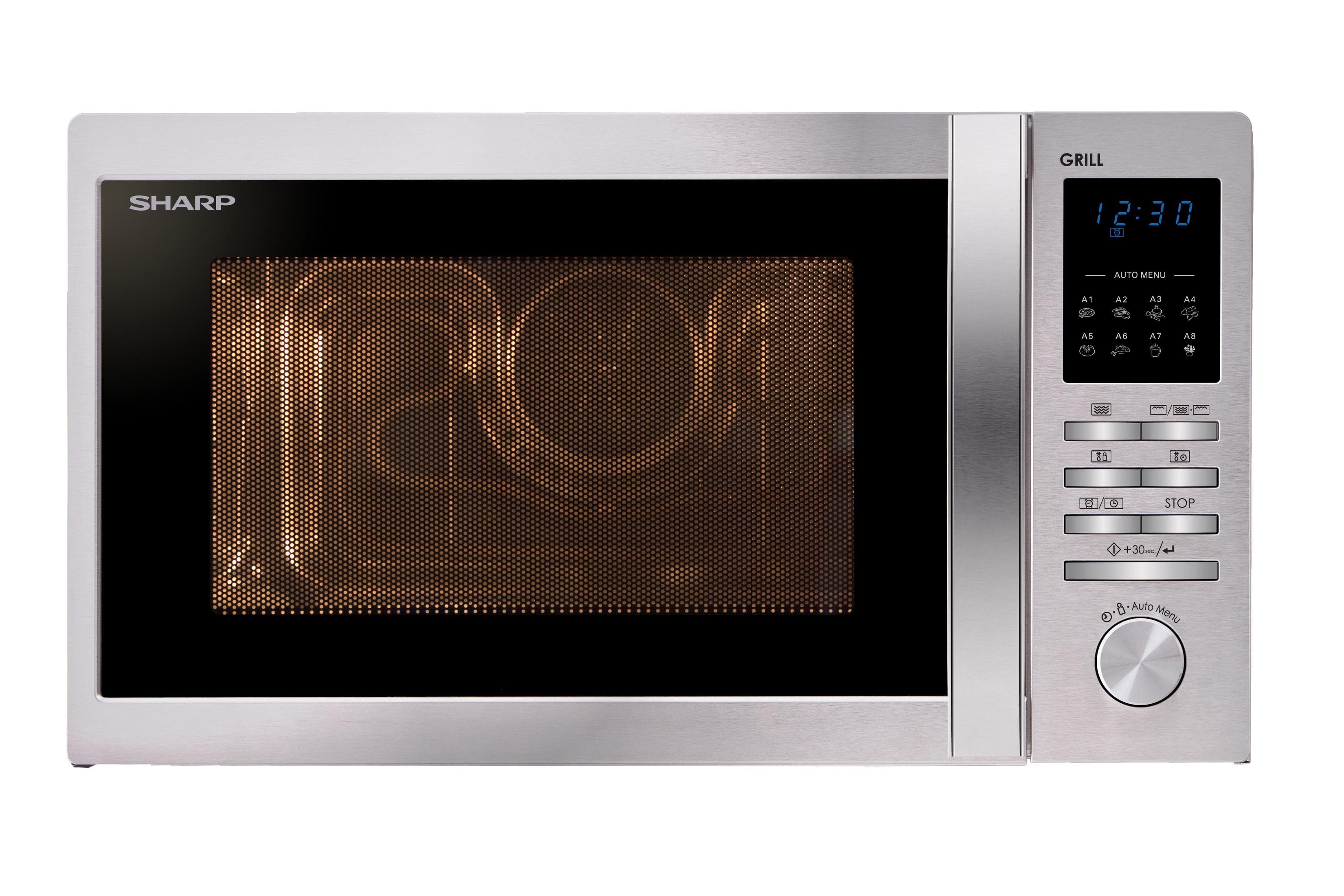 Un forno a microonde grill Sharp argentato con display digitale e pannello di controllo.