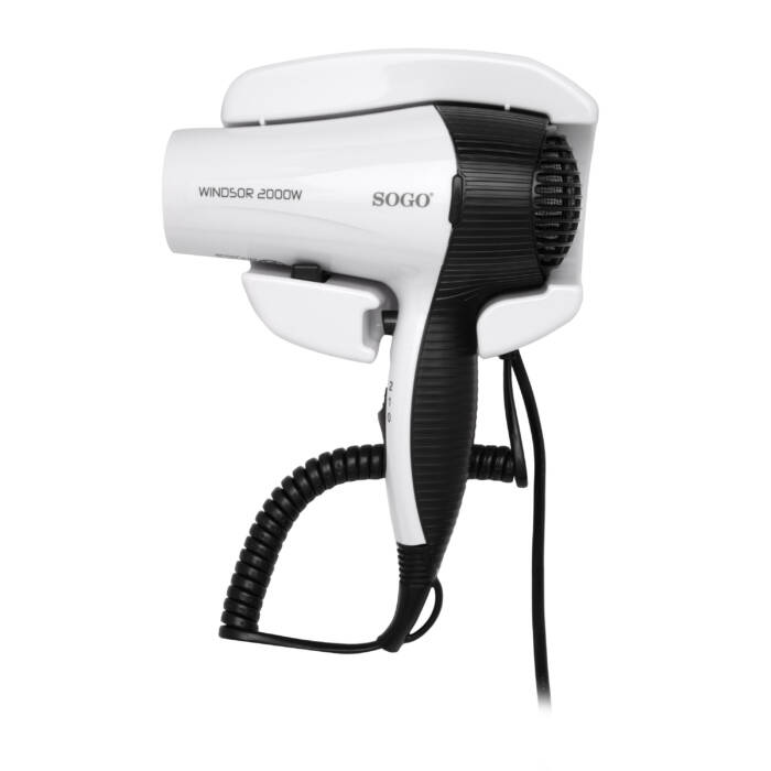 Un secador de pelo Sogo blanco y negro con cable flexible.