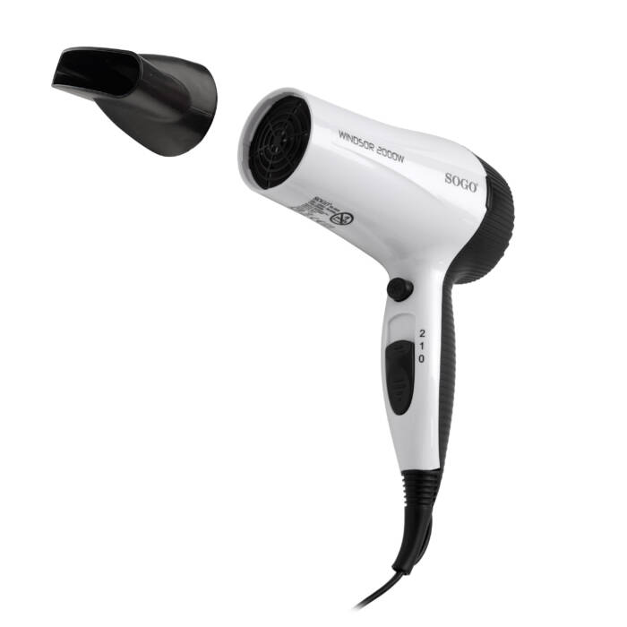 Un secador de pelo SOGO blanco con accesorio negro y controles.