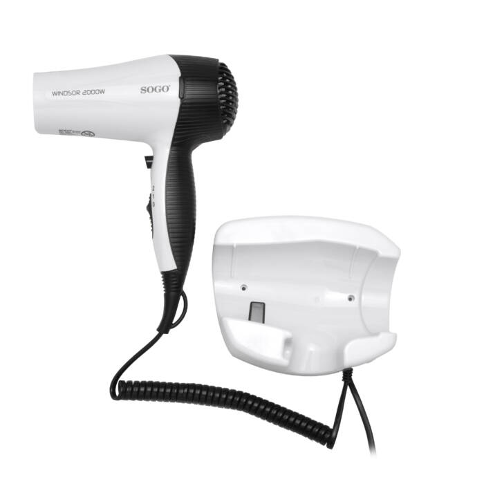 Secador de pelo Sogo blanco y negro con soporte.