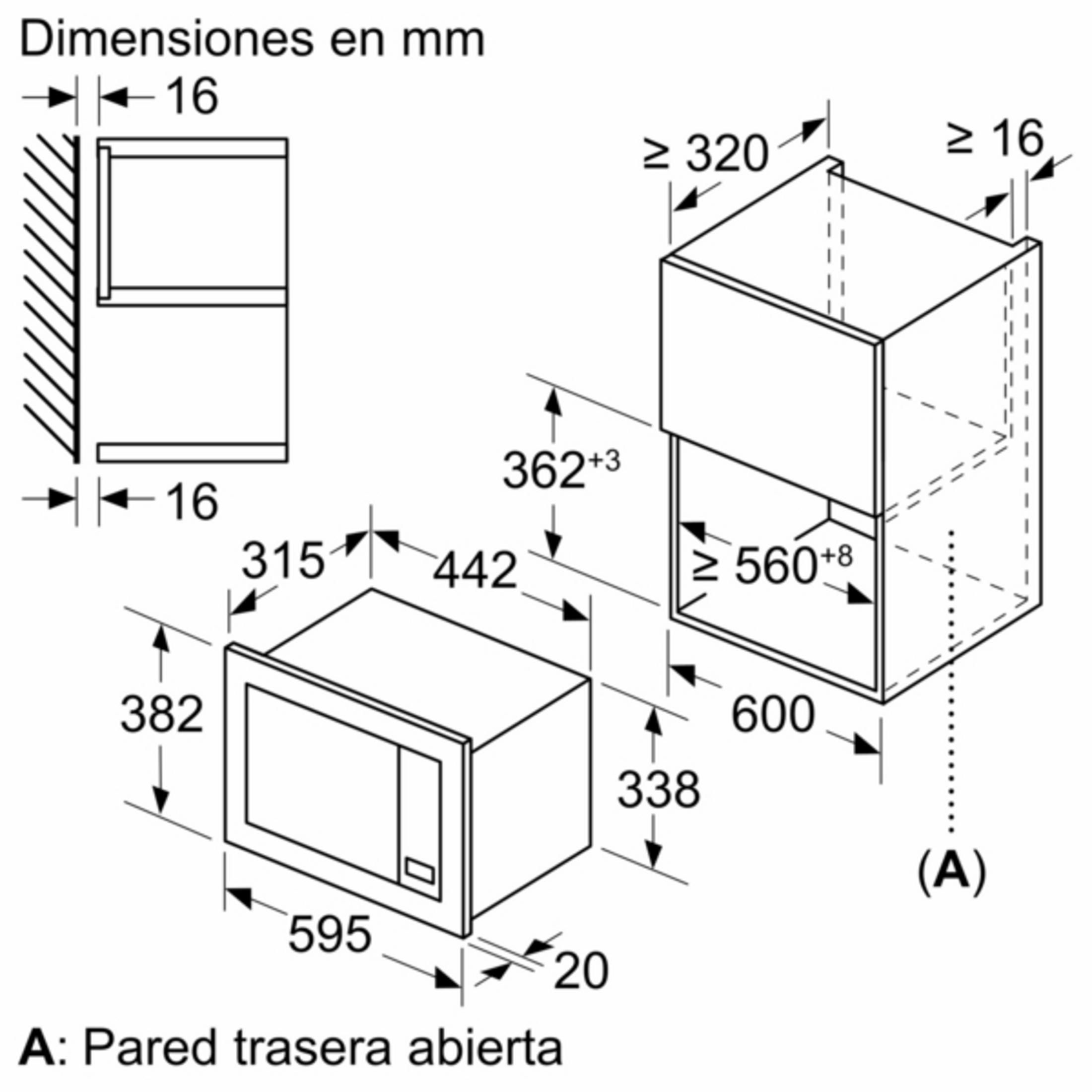 Dibujo técnico de un electrodoméstico integrable con dimensiones en mm.