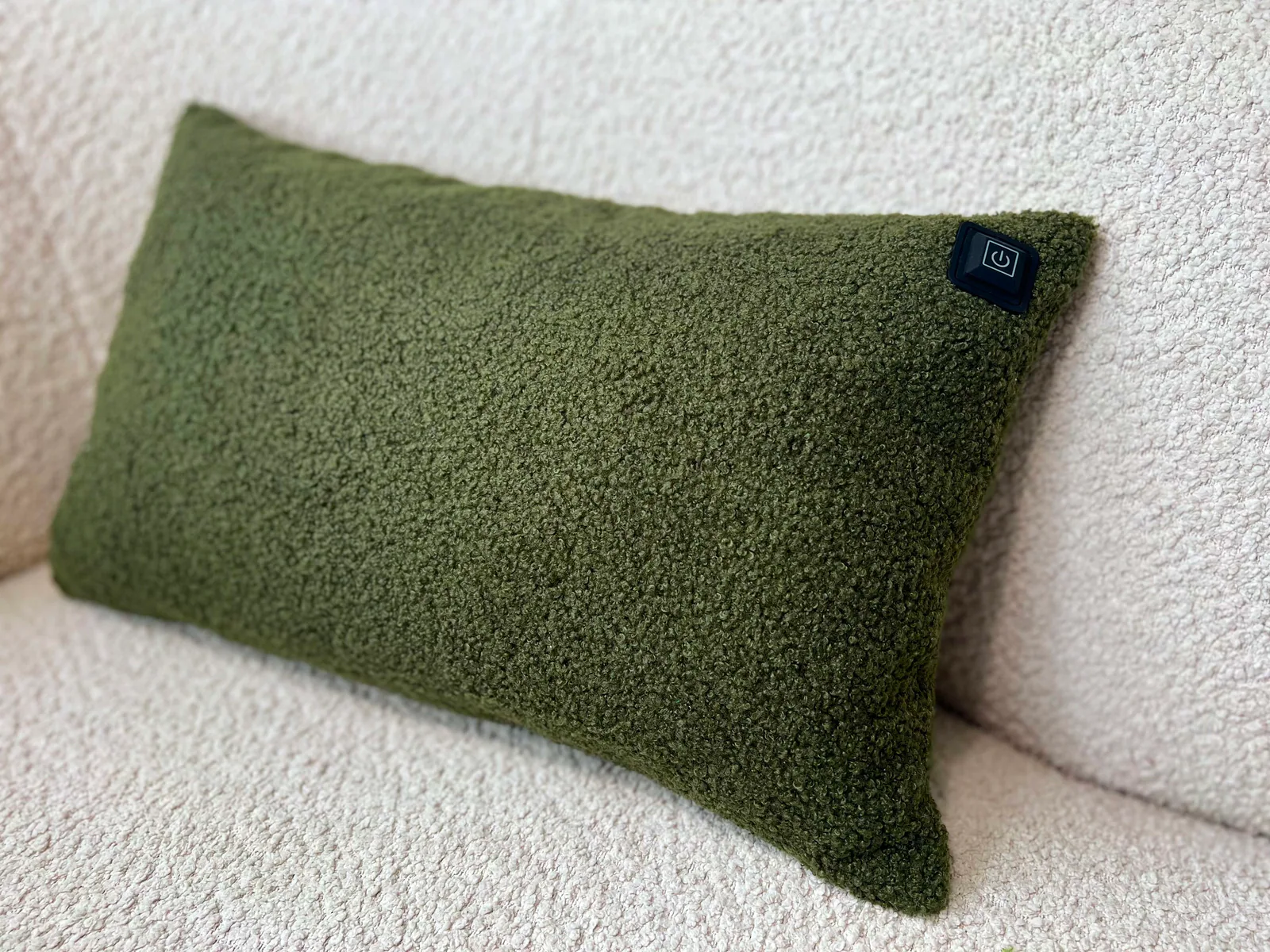 Ein grünes Teddy-Kissen mit einem Power-Symbol auf einer hellen Couch.