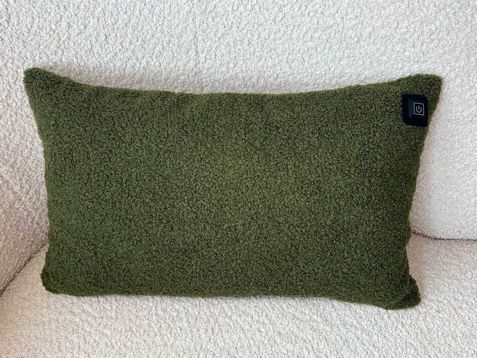 Ein grünes Kissen mit Teddyfell auf einem cremefarbenen Sofa. Ein Power-Symbol ist auf der rechten Seite.