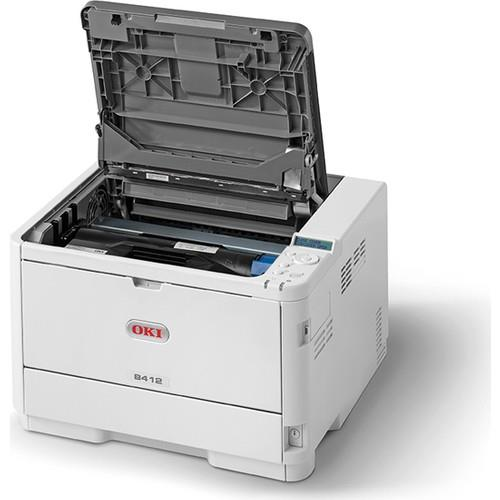 Una stampante OKI B412 bianca con coperchio aperto, che mostra una cartuccia toner.