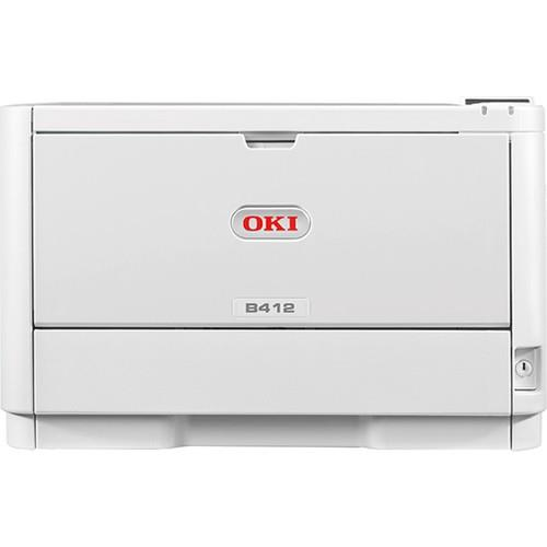 Una stampante OKI B412 bianca vista frontalmente.