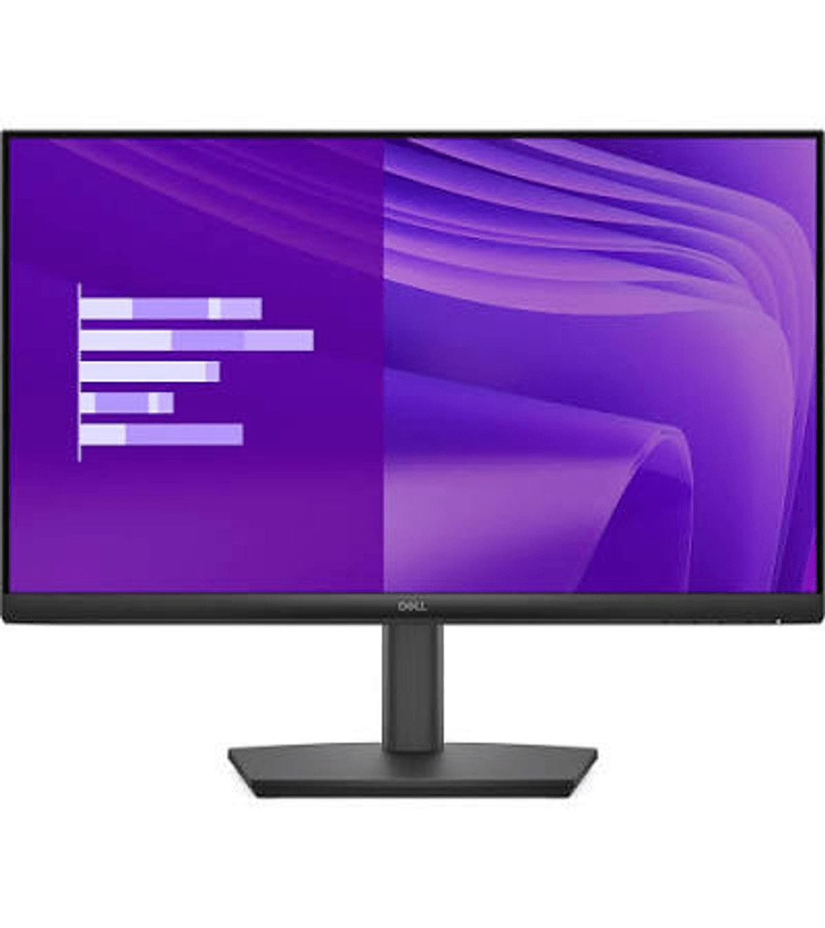 Un monitor Dell negro muestra un fondo abstracto morado con un gráfico de barras.
