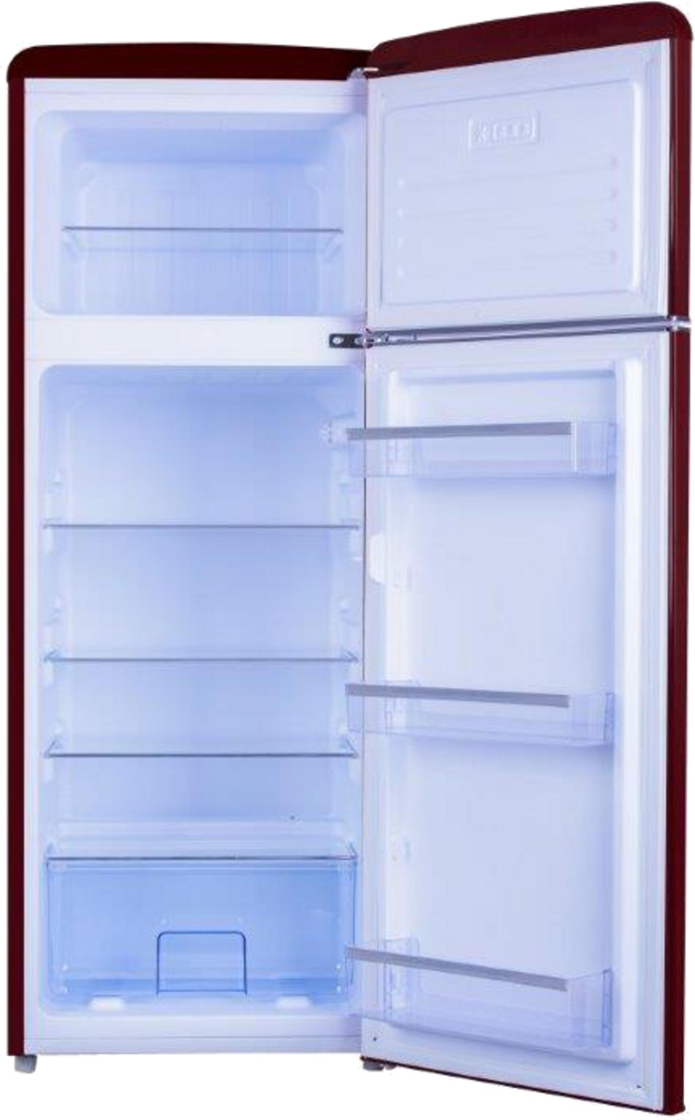 Ein roter Kühlschrank mit offener Tür, innen leer und beleuchtet.