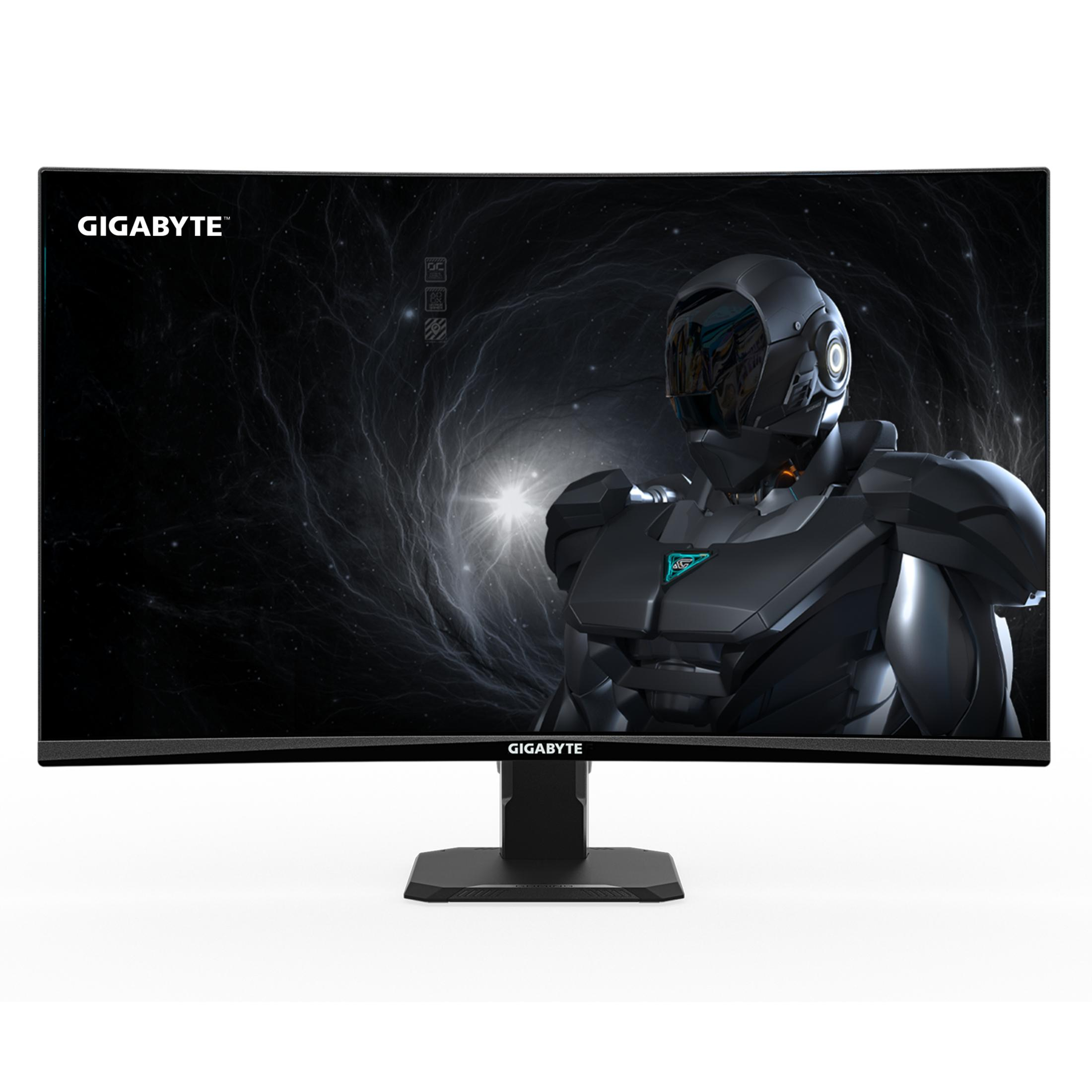 Un monitor curvo con un diseño de armadura futurista sobre un fondo espacial.