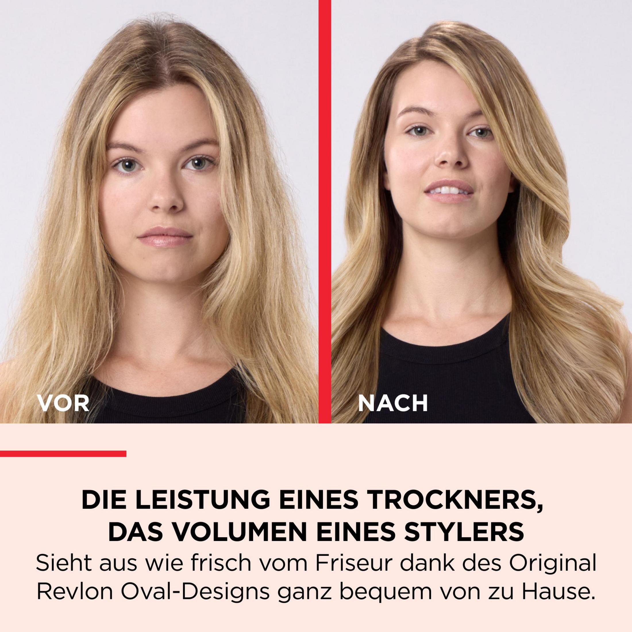 Voor/na foto van een vrouw met blond haar. Voor stijl, na volumineus.
