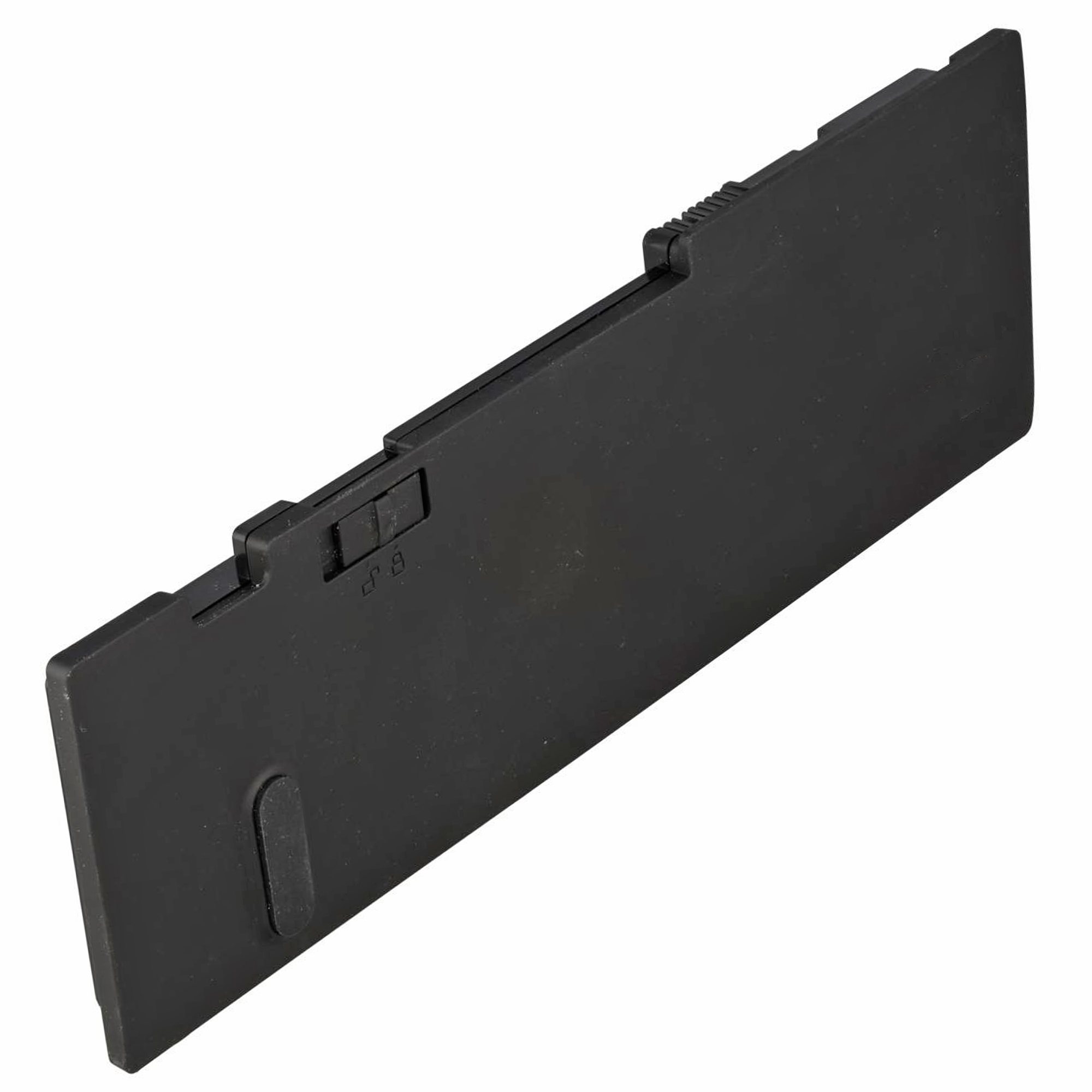 Schwarzer Laptop-Akku mit Verriegelungsmechanismus und Anschlüssen.