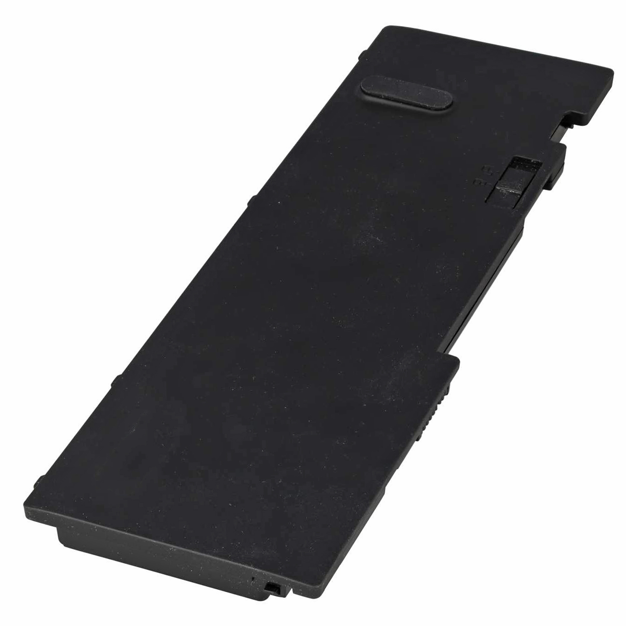 Schwarzer Laptop-Akku mit einem Riegel auf der Oberseite und Anschlüssen.