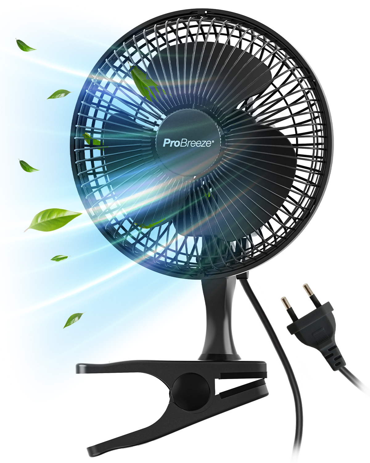 Zwarte ProBreeze ventilator met clip, blaast groene bladeren en blauwe lucht.