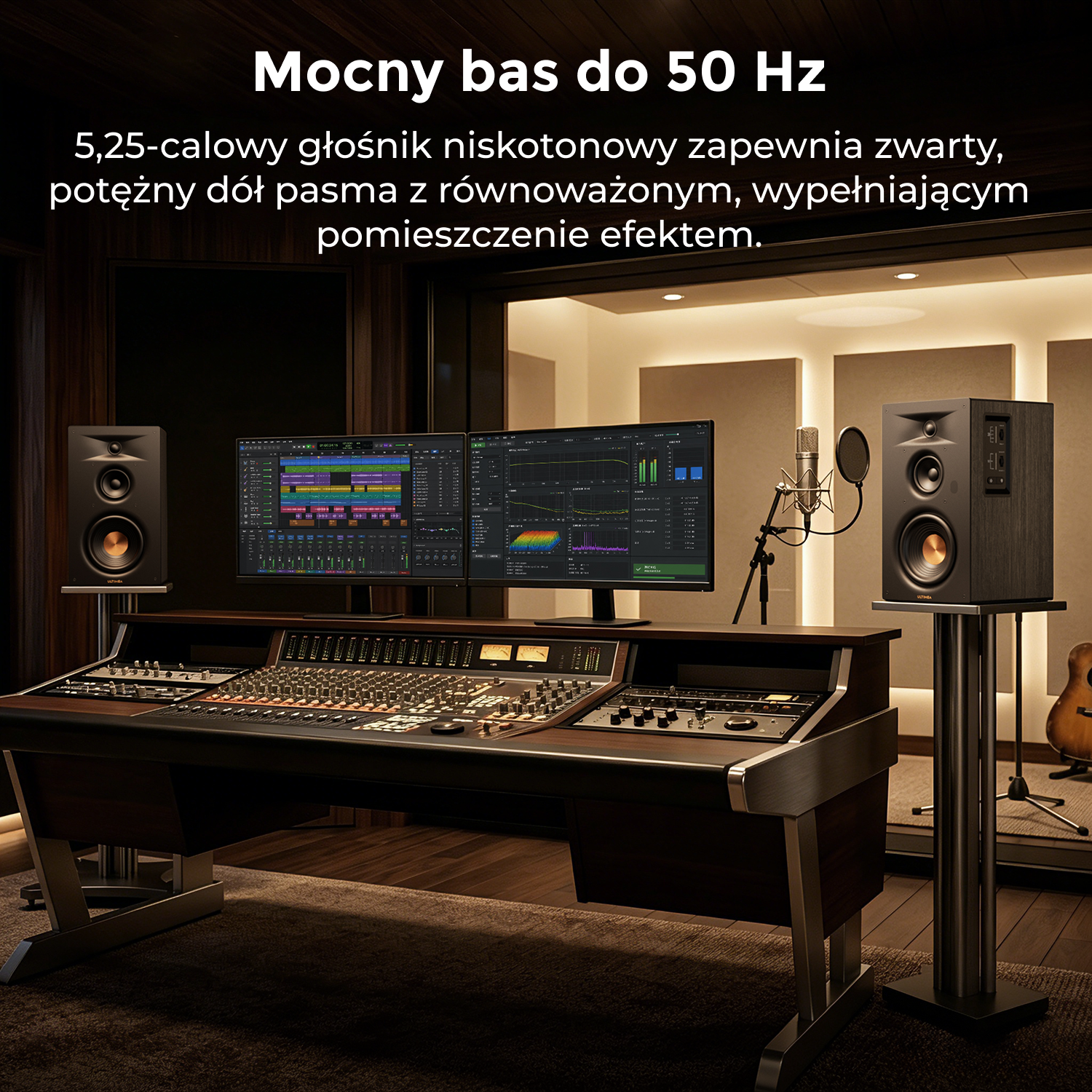 Studio nagraniowe z konsoletą, monitorami, mikrofonem i głośnikami.