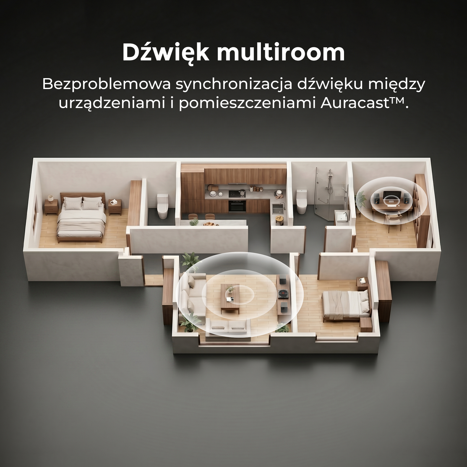 Rzut 3D nowoczesnego mieszkania z falami dźwiękowymi łączącymi pomieszczenia.
