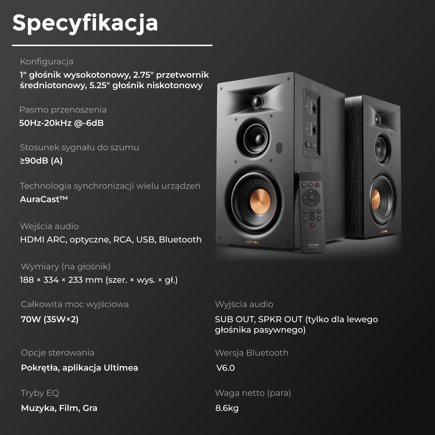 Czarne głośniki z pilotem i specyfikacją.