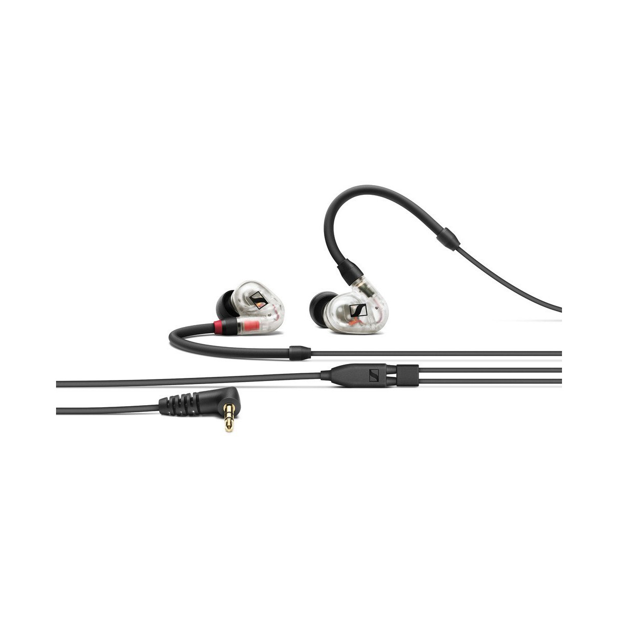 Auricolari trasparenti con cavo nero e jack angolato su sfondo bianco.