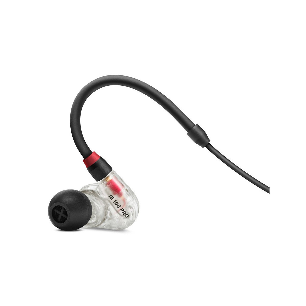 Auricolare in-ear trasparente con cavo nero e accento rosso.