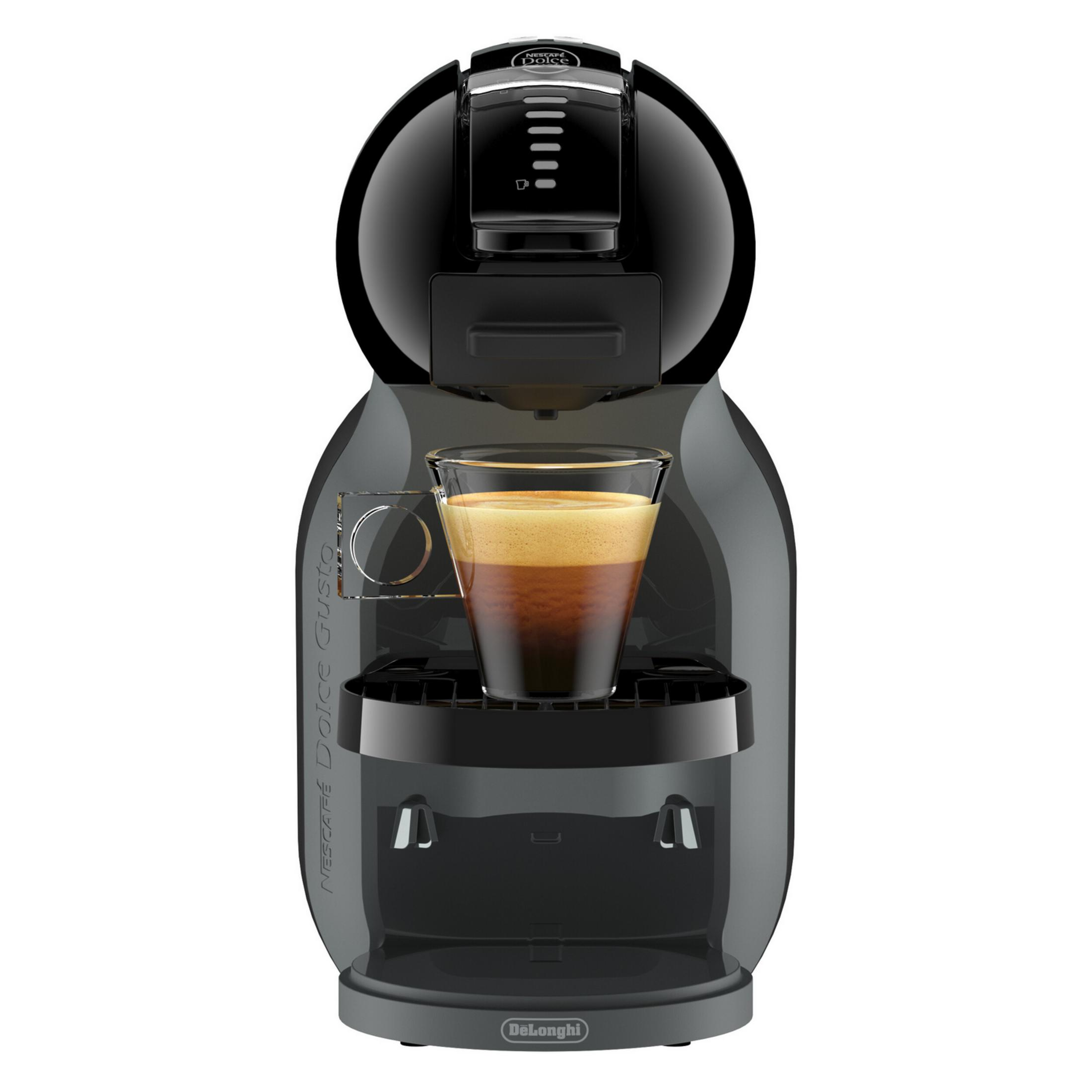Una macchina da caffè Dolce Gusto nera con una tazza di espresso.