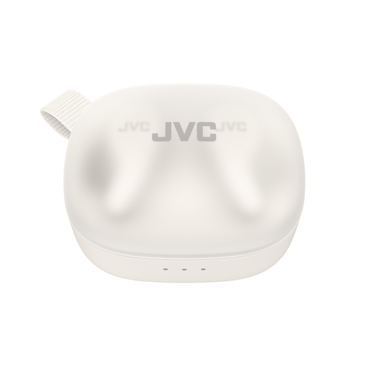 Custodia bianca per auricolari wireless JVC con anello in tessuto.