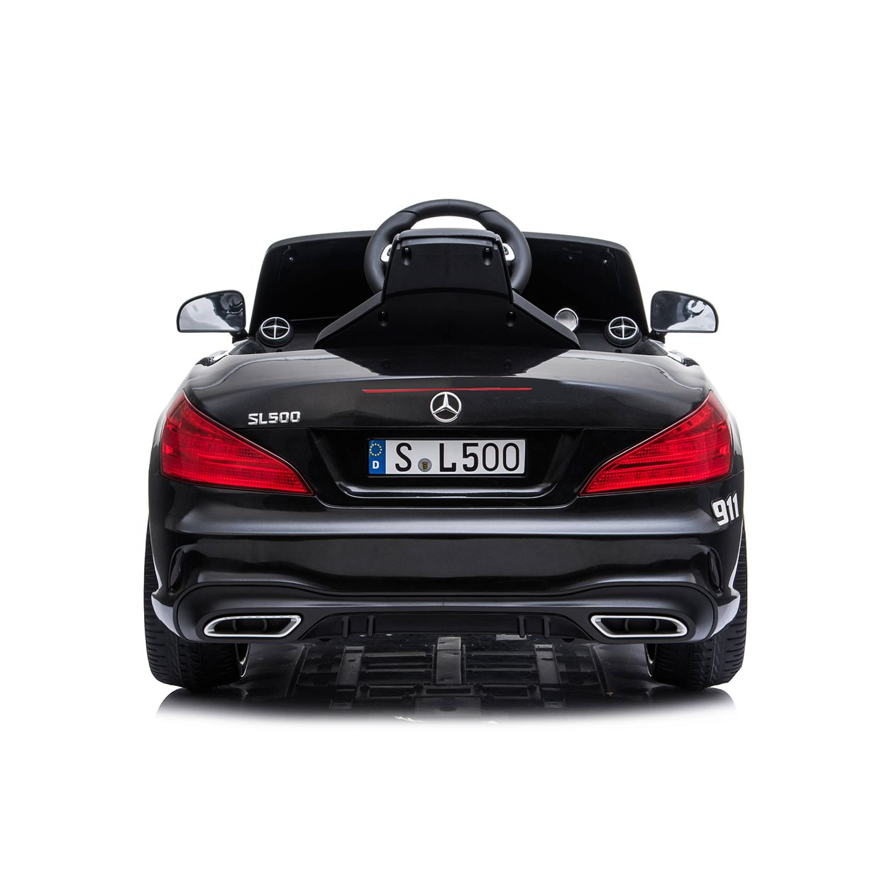 Schwarzes Spielzeugauto, Rückansicht, mit Nummernschild S.L500.