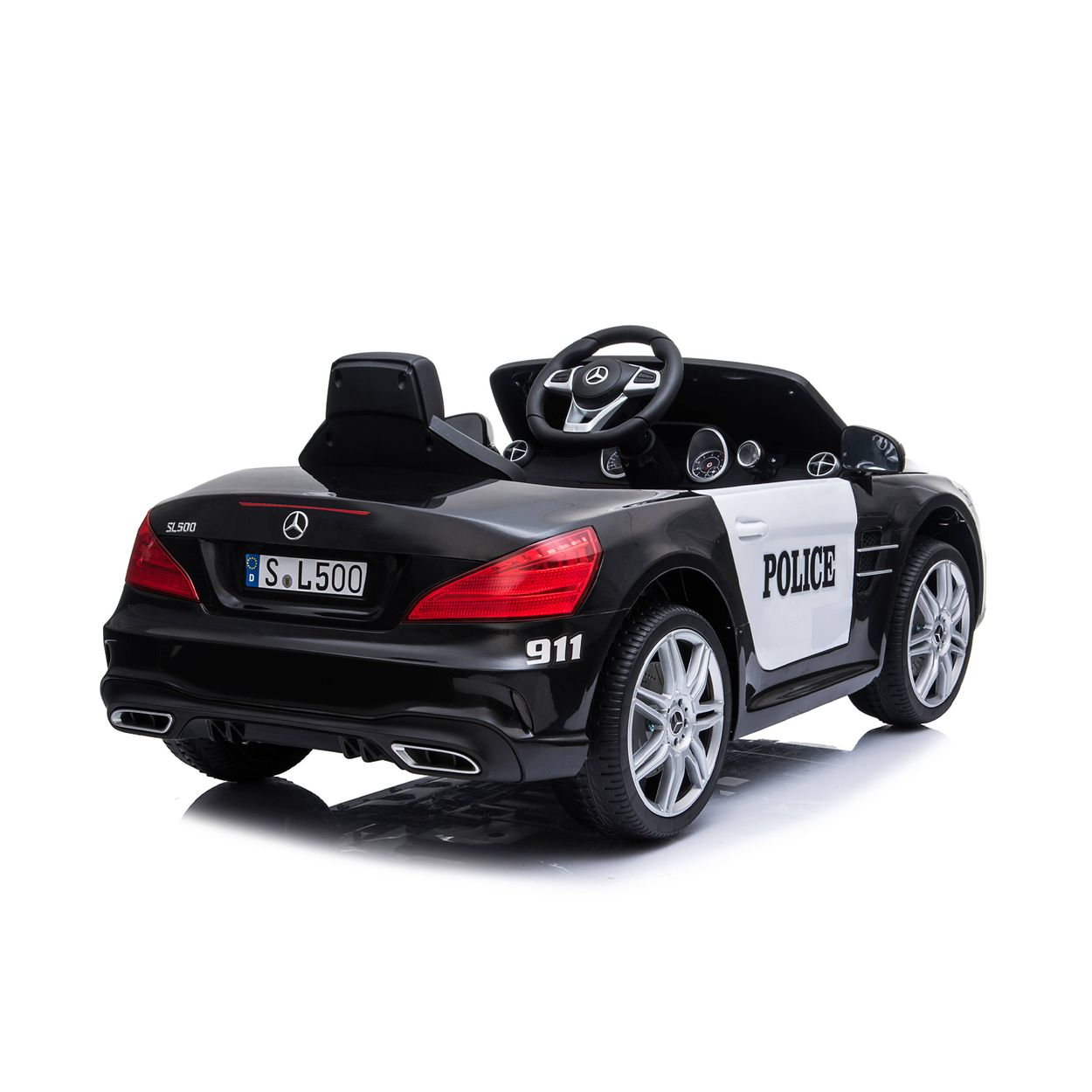 Schwarzes Spielzeug-Polizeiauto mit weißen Türen, SL500-Aufschrift und Nummernschild.