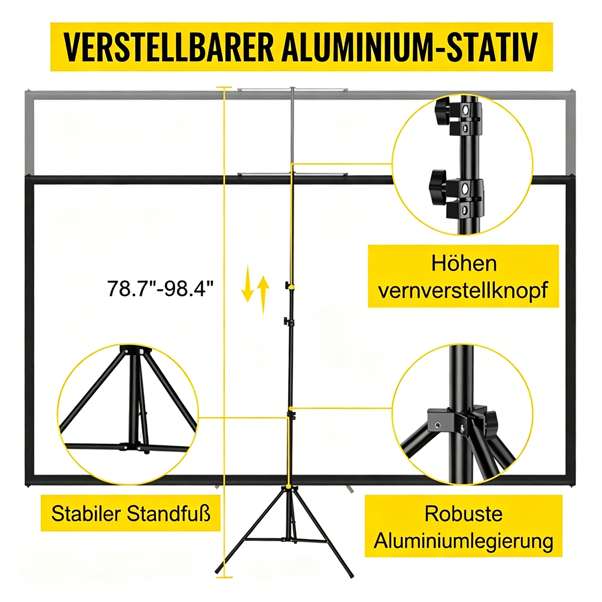 Verstellbares Aluminiumstativ mit Höhenverstellknopf, stabilem Standfuß und robuster Aluminiumlegierung.