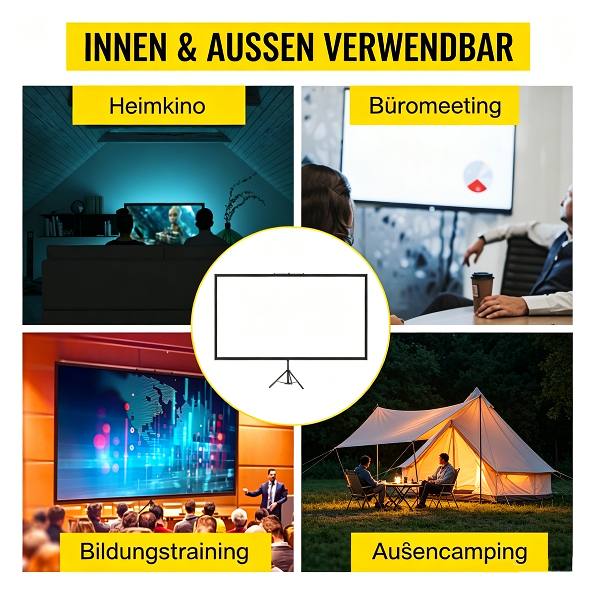 Vier Szenen: Heimkino, Bürobesprechung, Schulung und Camping mit Projektor.