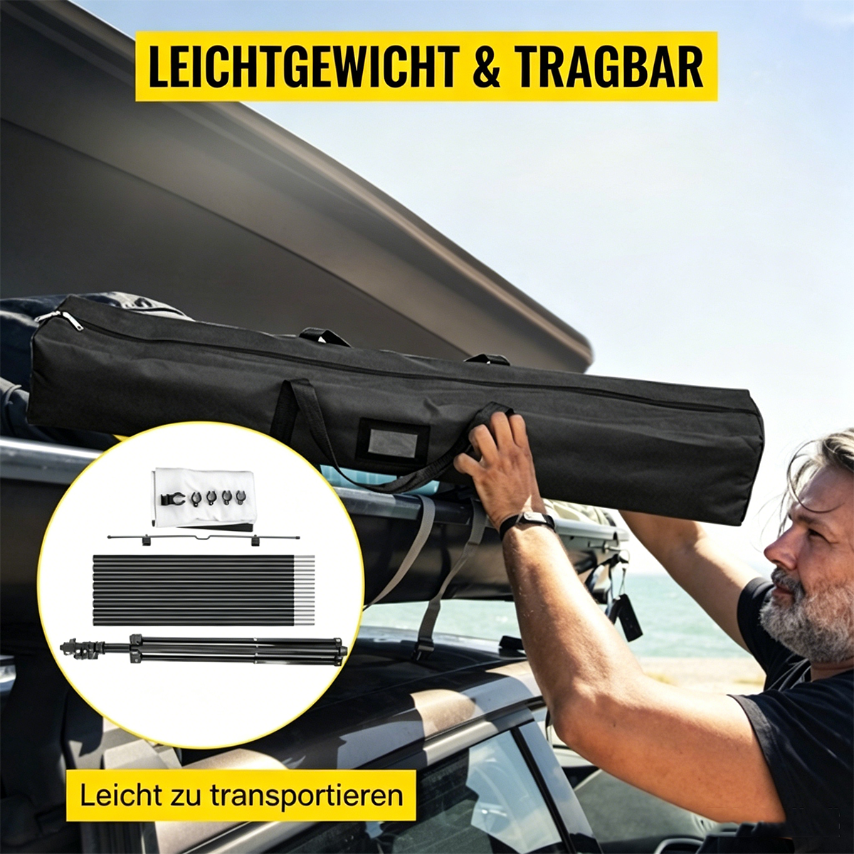 Ein Mann sichert eine lange schwarze Tragetasche auf dem Autodach. Inneneinsatz zeigt Stangen.