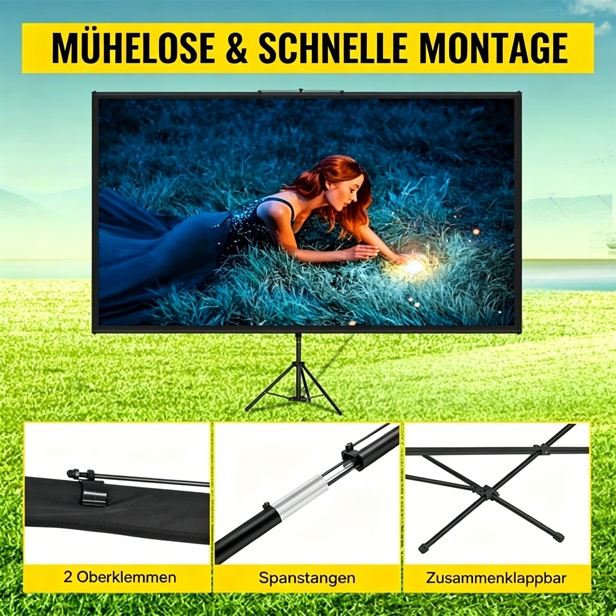 Leinwand mit Frau im Kleid liegt auf Gras, Detailansichten unten.