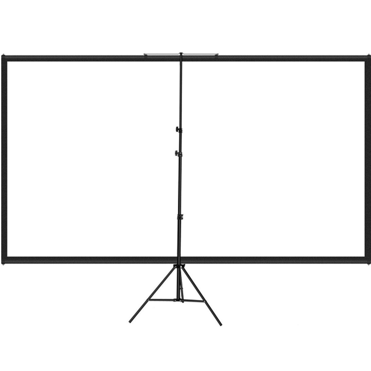 Ein aufgestellter Projektionsschirm mit Stativ, schwarzer Rahmen, weiße Leinwand.