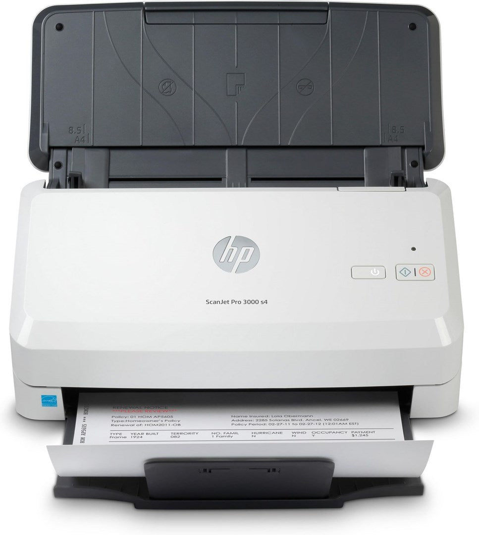 Ein weißer HP ScanJet Pro 3000 s4 Scanner mit geöffnetem Deckel, ein Dokument ist eingelegt.