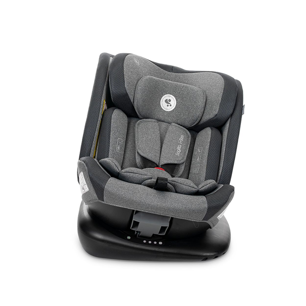 Grauer Kindersitz mit schwarzem Sockel und Gurten.