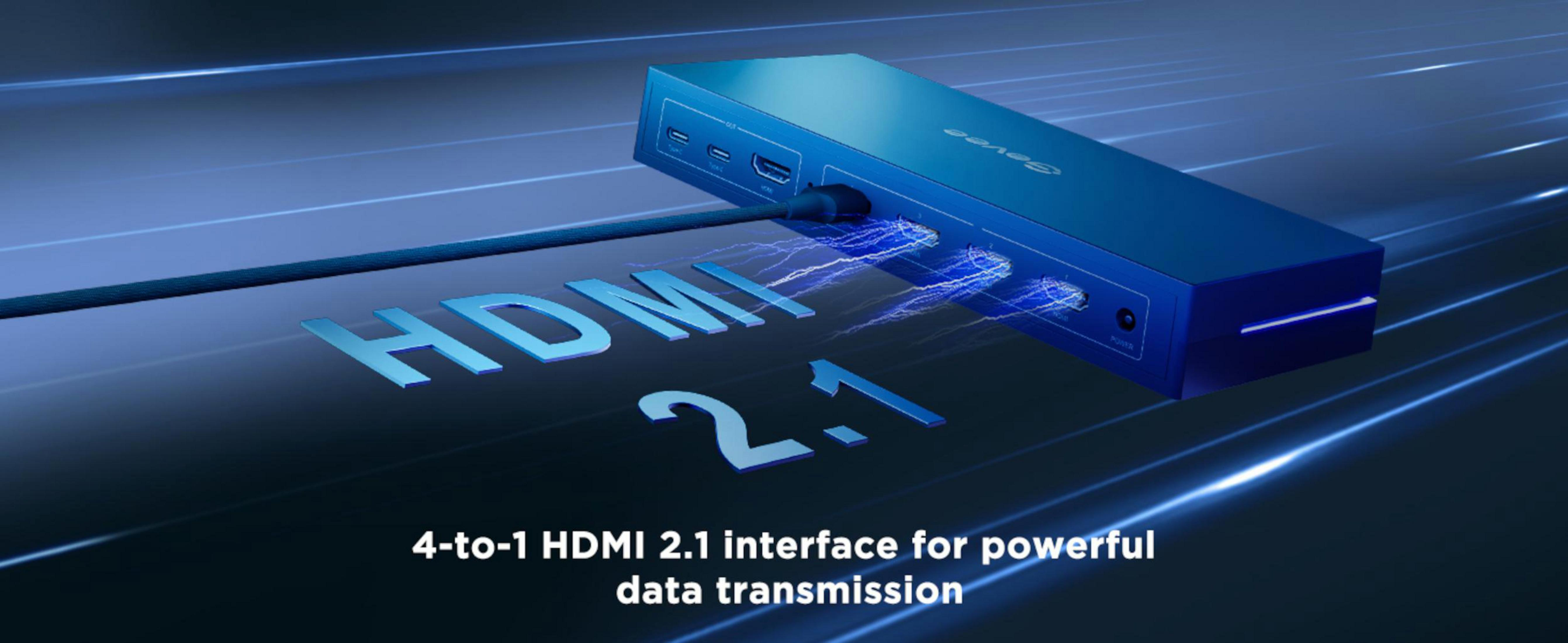 Uno switch HDMI 2.1 blu 4-in-1 con porte e cavi luminosi.