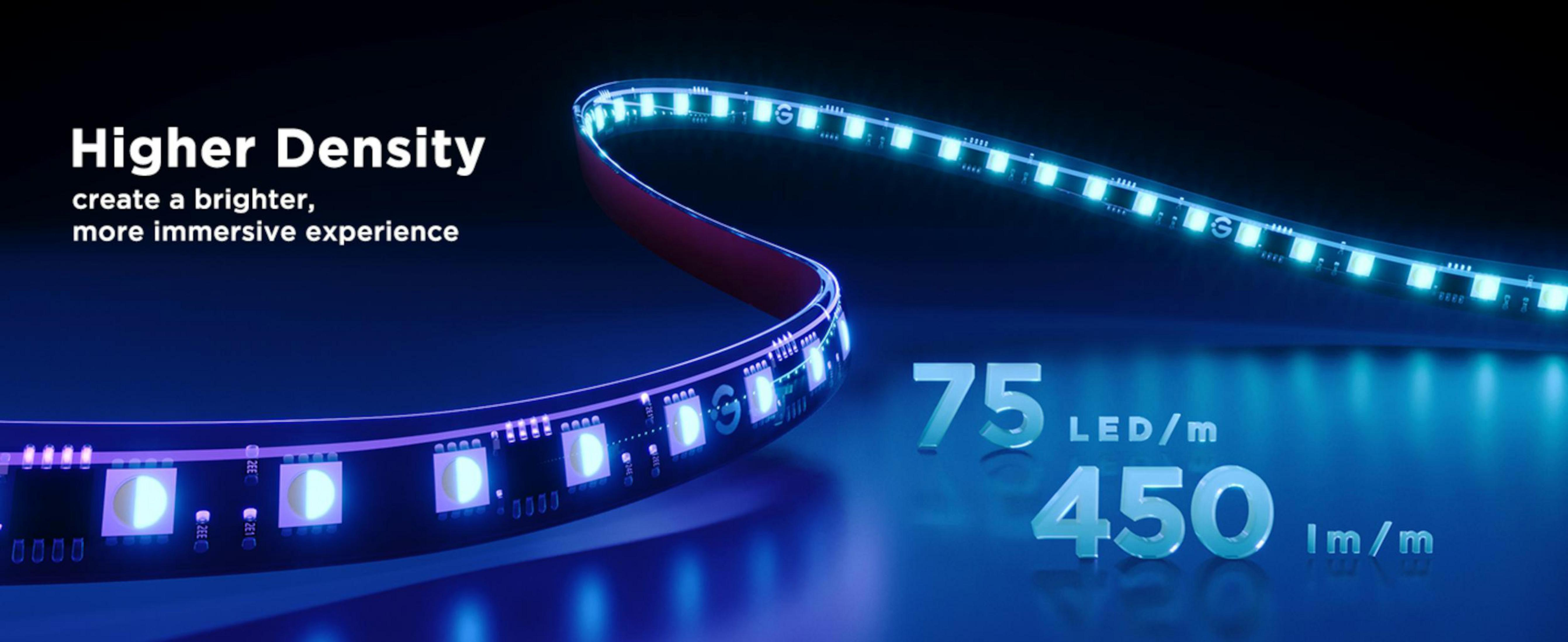 Una striscia LED blu con 75 LED/m e 450 lm/m su sfondo scuro.