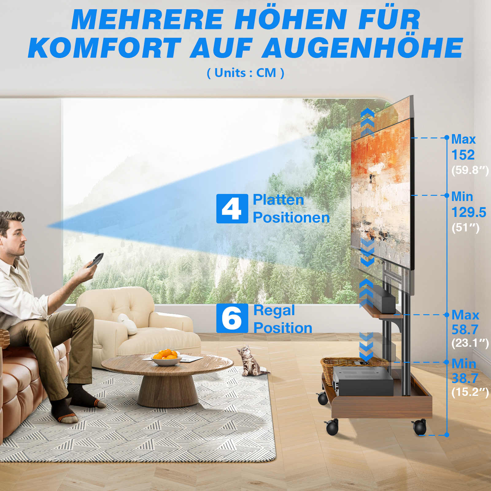 Ein Mann sitzt auf einem Sofa und hält eine Fernbedienung. Ein TV-Ständer steht daneben.