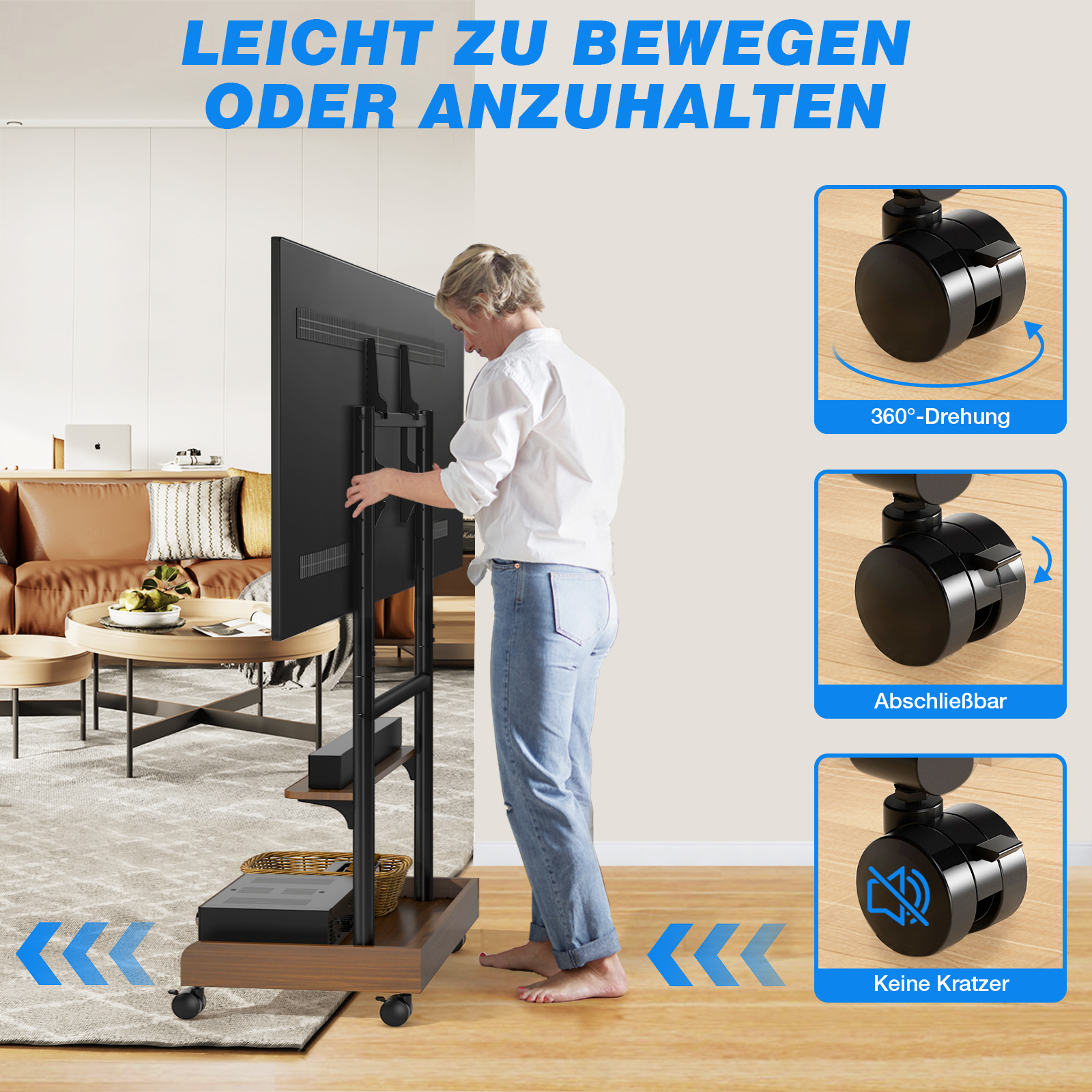 Ein Mann montiert einen Fernseher an einem mobilen Ständer mit Rollen in einem Wohnzimmer.