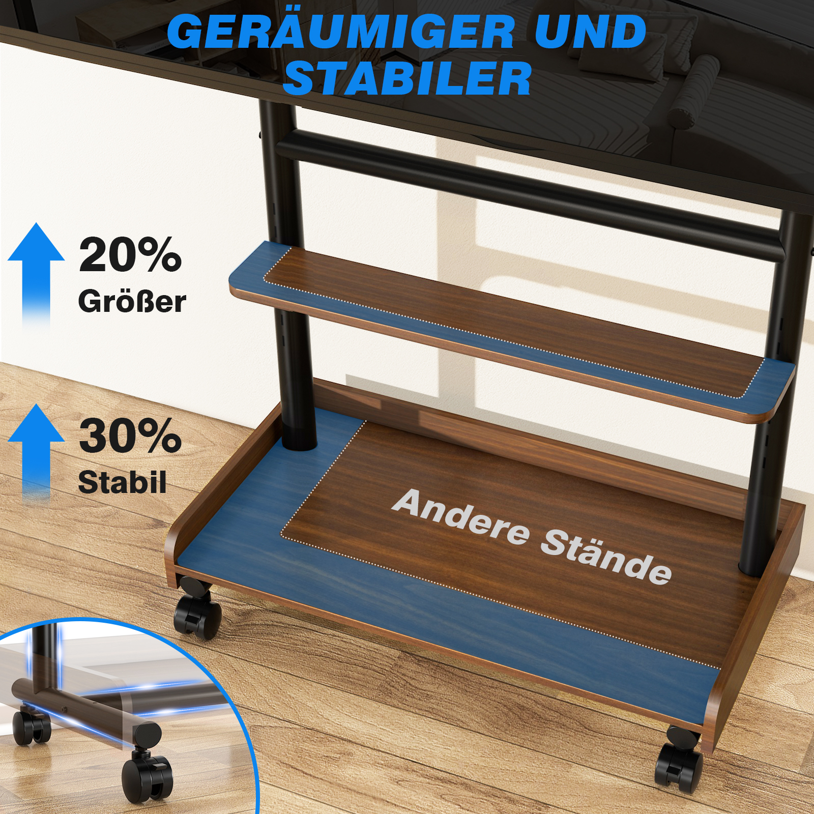 Ein brownes Regal auf Rollen mit blauen Akzenten und Text.