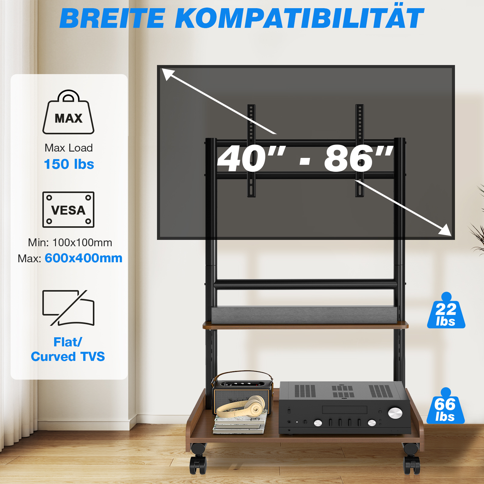 Ein TV-Ständer für 40-86 Zoll TVs, belastbar bis 150 lbs.