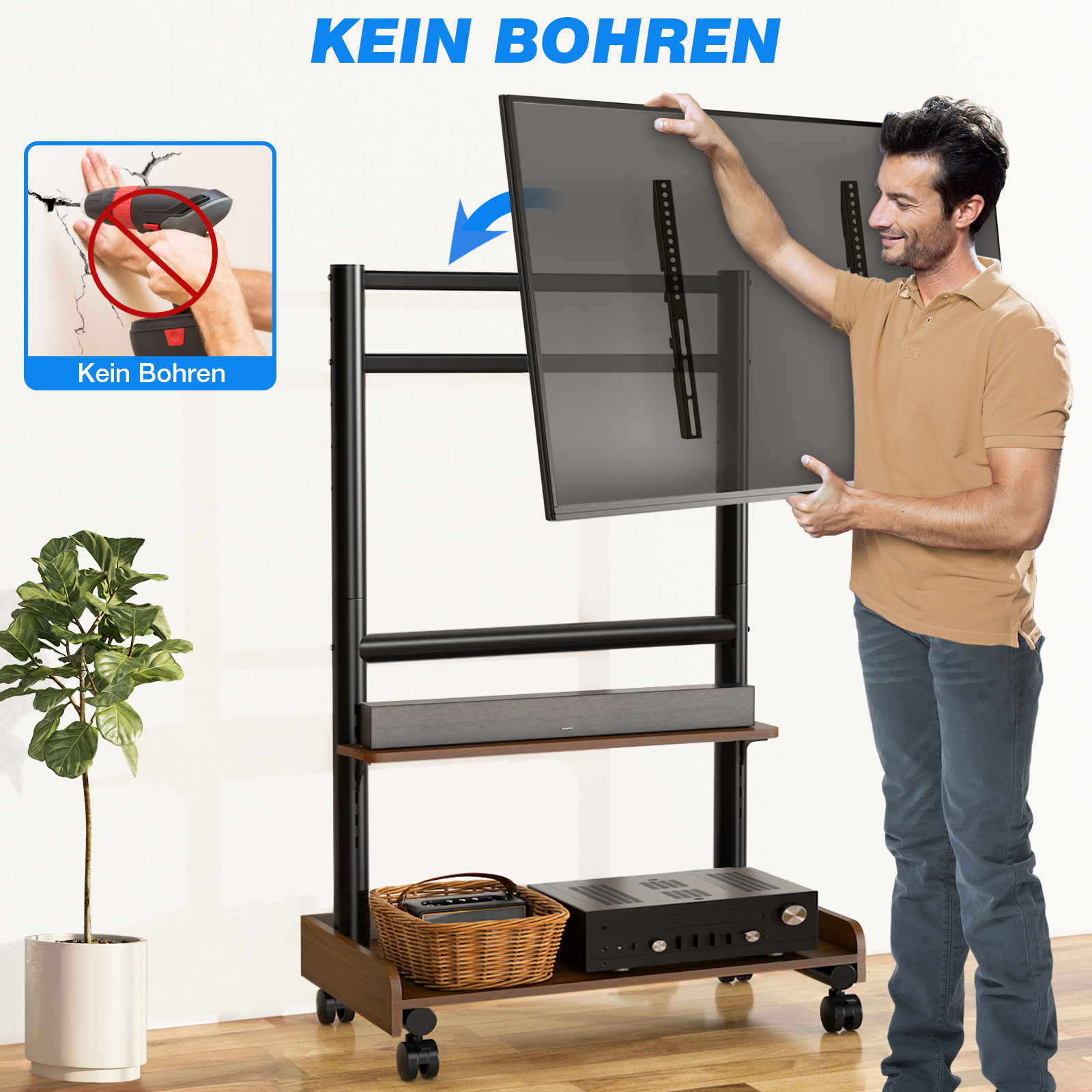Mann montiert Fernseher an einem Ständer mit Rollen. Kein Bohren nötig.