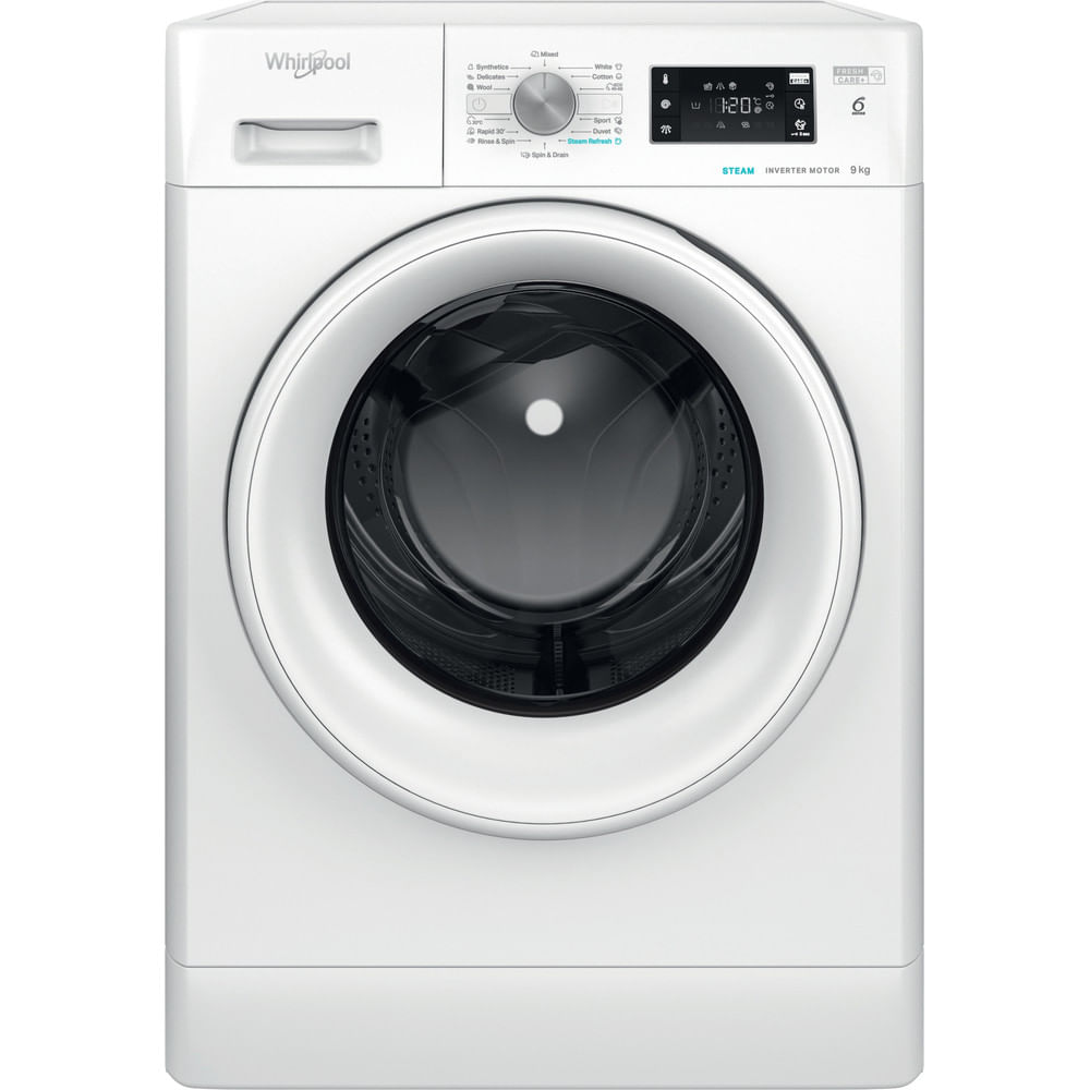 A white Whirlpool washing machine with a digital display and a large porthole door.