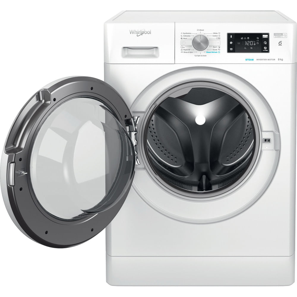 A white washing machine with its door open and a silver trim.