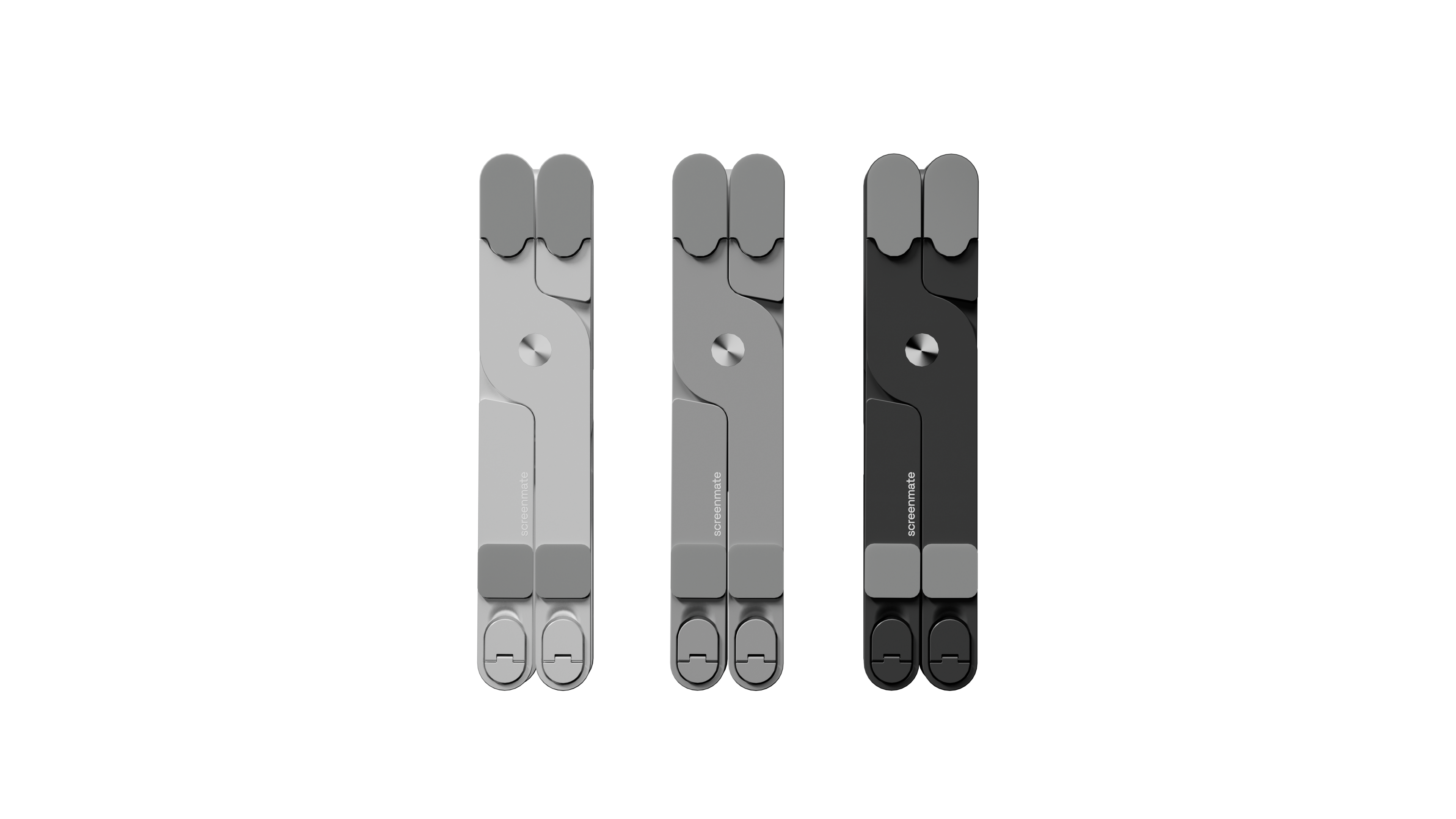 Trois supports pliables pour ordinateur portable gris, argent et noir sur fond noir.
