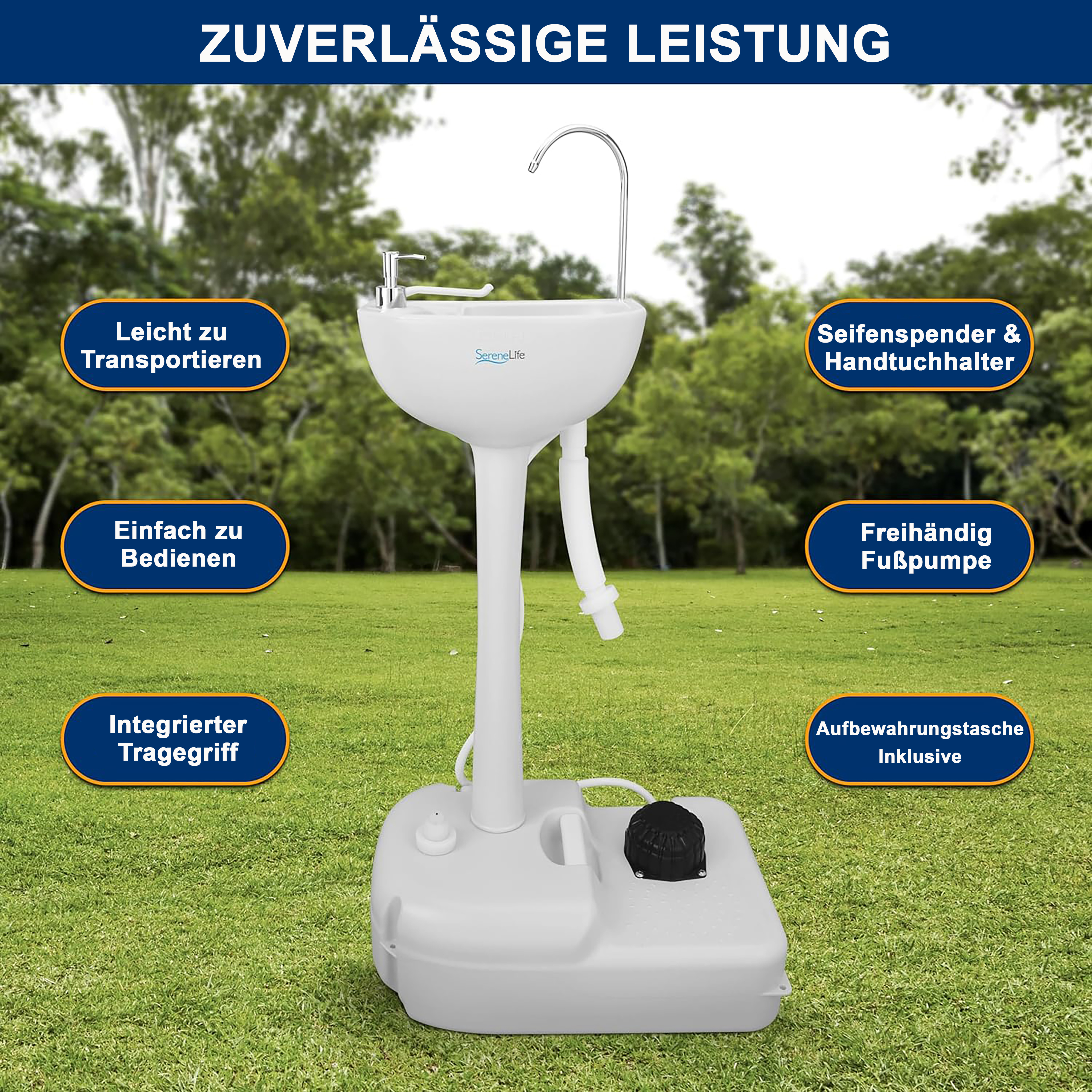 Ein weißes tragbares Waschbecken mit Fußpumpe auf einer grünen Wiese.